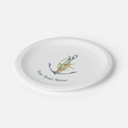 Seepferd und Anker mit Schiffsname Pappteller (Schrägansicht)