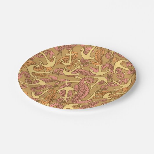 Seepferd- und Ankermuster Pappteller (Schrägansicht)