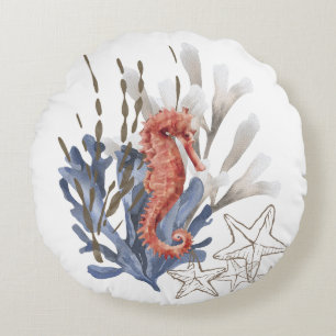 Seepferd und Coral Blue Orange Meereswelt Rundes Kissen