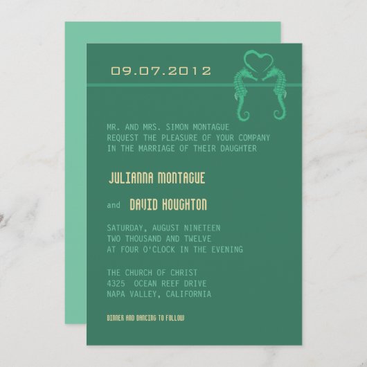 Seepferd und Herz - Hochzeit im Grünen Einladung (Vorne/Hinten)