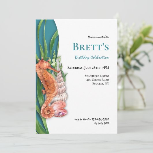 Seepferd und Muscheln Einladung (Stehend Vorderseite)