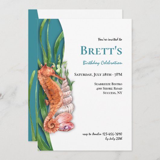Seepferd und Muscheln Einladung (Vorne/Hinten)