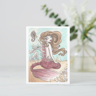 Seepferd und rosa Meerjungfrau Fantasy Postkarte