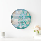 Seepferd und Sand Dollar Beach Wood - Blau Aquamar Große Wanduhr (Zuhause)