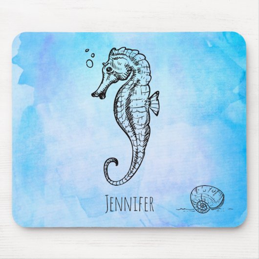 Seepferd und Seashell auf blaue Wasserfarbe - kund Mousepad (Vorne)