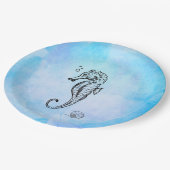Seepferd und Seashell auf blauer Wasserfarbe Pappteller (Schrägansicht)
