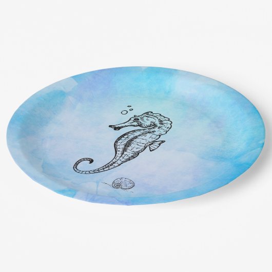 Seepferd und Seashell auf blauer Wasserfarbe Pappteller (Schrägansicht)