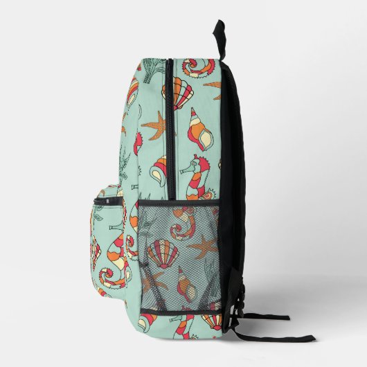 Seepferd und Seashell Muster Aquamarin Bedruckter Rucksack (Rechts)