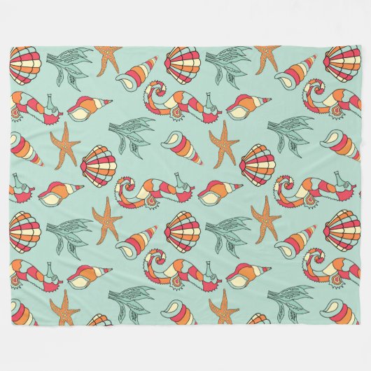 Seepferd und Seashell Muster Aquamarin Fleecedecke (Vorderseite (Horizontal))