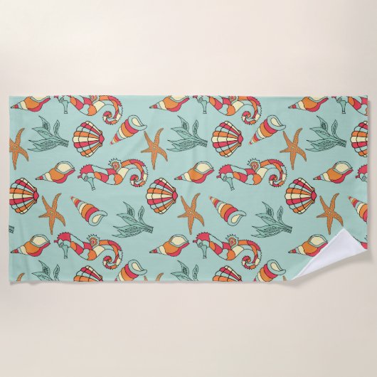 Seepferd und Seashell Muster Aquamarin Strandtuch (Vorderseite)