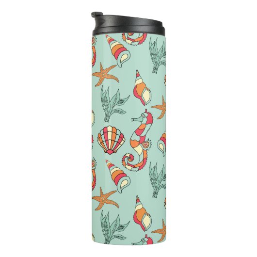 Seepferd und Seashell Muster Aquamarin Thermosbecher (Nach rechts gedreht)