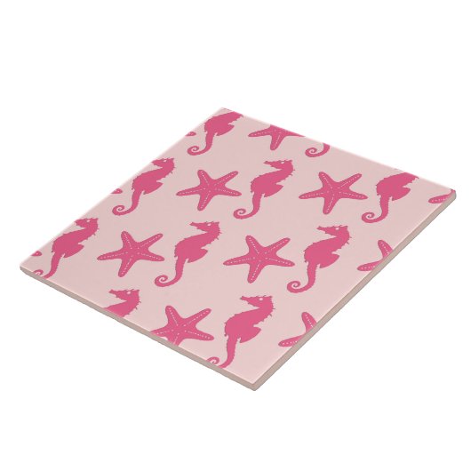 Seepferd und Seestern - Korallenrosa Fliese (Seite)