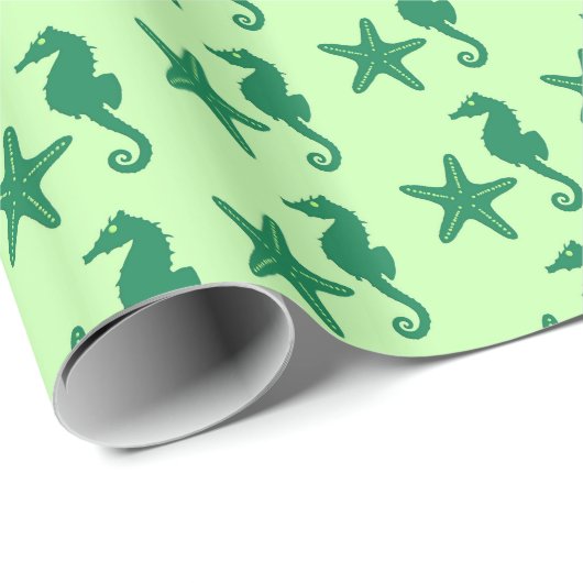 Seepferd und Seestern - Limon und smaragdgrün Geschenkpapier (Rolleneckpunkt)