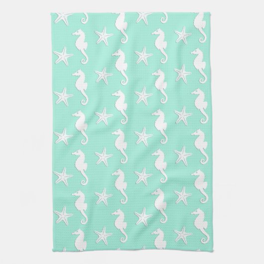 Seepferd und Seestern - weiß auf blass Geschirrtuch (Vertikal)