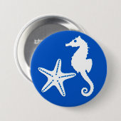 Seepferd und Seestern, weiß auf Kobaltblau Button (Vorne & Hinten)