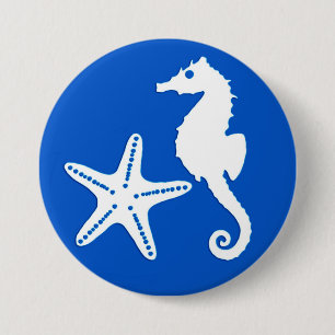 Seepferd und Seestern, weiß auf Kobaltblau Button