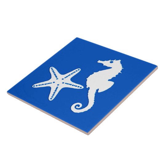 Seepferd und Seestern - weiß auf Kobaltblau Fliese (Seite)