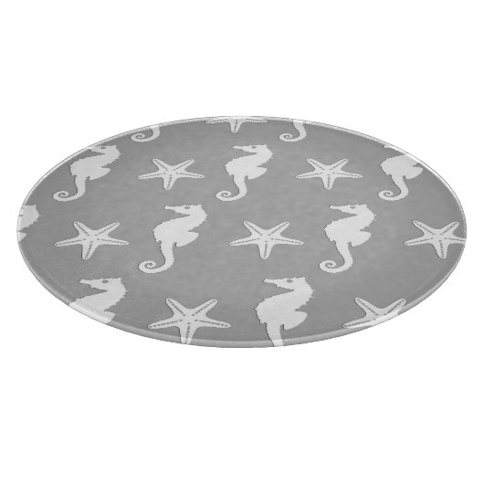 Seepferd und Seestern - weiß auf silbergrauem Grun Schneidebrett (Ecke)