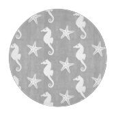 Seepferd und Seestern - weiß auf silbergrauem Grun Schneidebrett (Vorderseite)