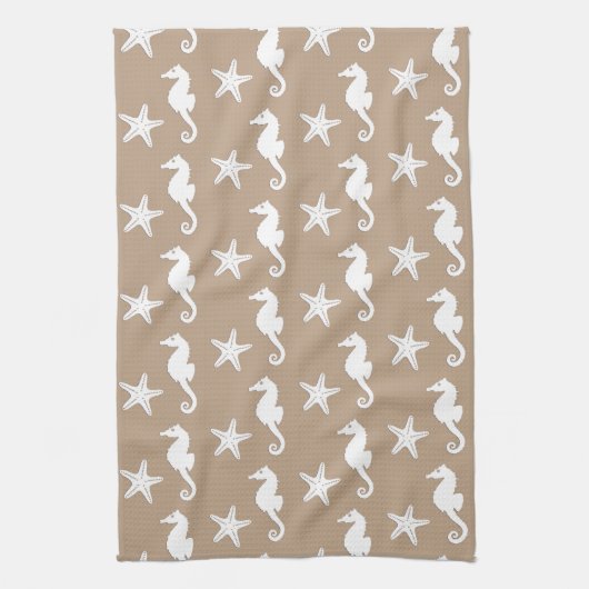 Seepferd und Seestern - weiß auf Taubtan Geschirrtuch (Vertikal)