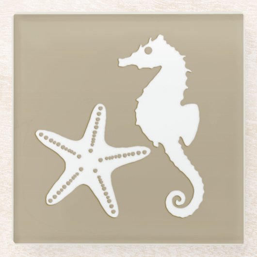 Seepferd und Seestern - weiß auf Taubtan Glasuntersetzer (Vorderseite)
