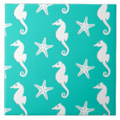 Seepferd und Seestern - weiß auf türkis Fliese (Vorderseite)