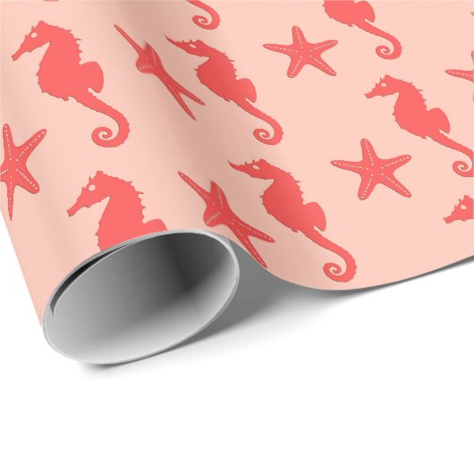 Seepferd und Seesterne - Korallenfarben Geschenkpapier (Rolleneckpunkt)