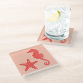 Seepferd und Seesterne - Korallenfarben Glasuntersetzer (Schrägansicht)