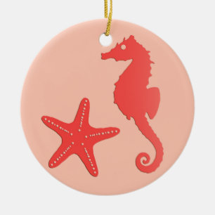 Seepferd und Seesterne - Korallenfarben Keramik Ornament