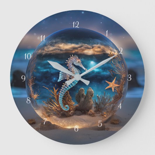 Seepferd und Starfish Beach Coastle Wall Clock Art Große Wanduhr (Vorderseite)
