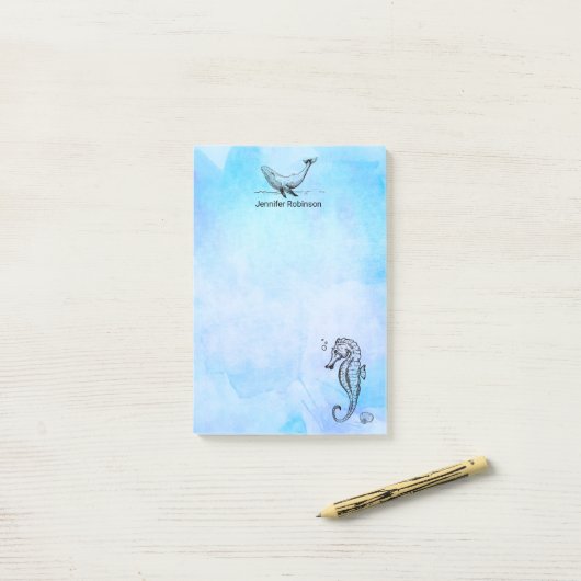 Seepferd, Wal und Seashell auf blauem Wasser Post-it Klebezettel (Auf Schreibtisch)