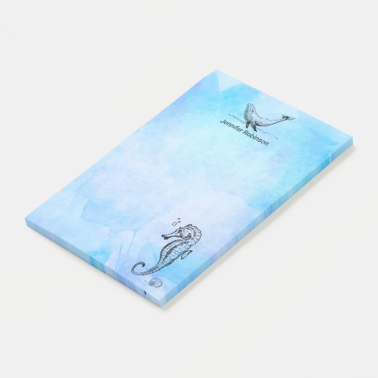 Seepferd, Wal und Seashell auf blauem Wasser Post-it Klebezettel (angewinkelt)