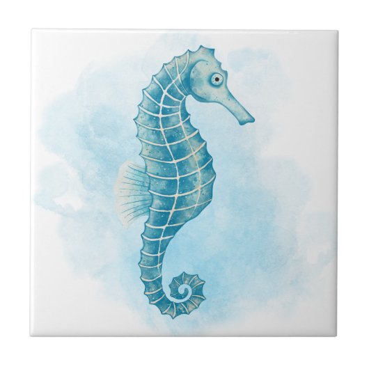 Seepferd Wasserfarbener Ozean Fliese (Vorderseite)