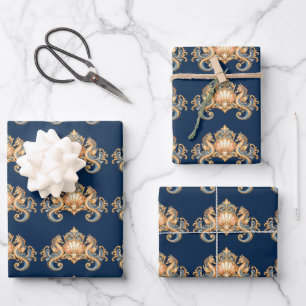 Seepferdchen-Muster blau orange Decoupage Geschenkpapier Set
