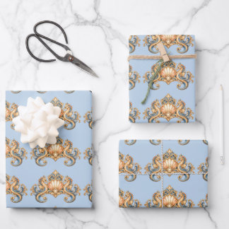 Seepferdchen-Muster pastellblau orange nautisch Geschenkpapier Set