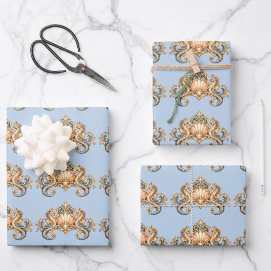 Seepferdchen-Muster pastellblau orange nautisch Geschenkpapier Set (Vorderseite)