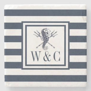 Seepferdchen-Nautisches-Monogramm-Navyblaue-Streif Steinuntersetzer