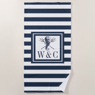Seepferdchen Navy Blau gestreift Nautilus Monogram Strandtuch