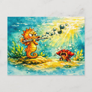 Seepferdchen spielt Flöte Cartoon   Postkarte
