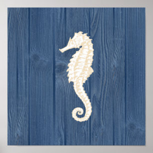 Seepferdchen Vintage Blau Holz Strand Poster
