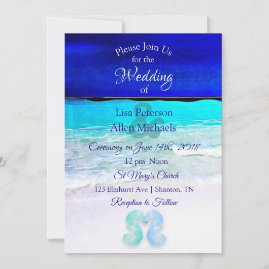 Seepferde am Meer Blue Beach Hochzeitseinladungen Einladung (Vorderseite)