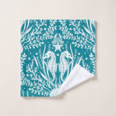 Seepferde an der Küste Aquamarines blaues weißes M Badhandtuch Set (Waschlappen)