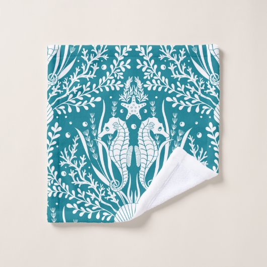 Seepferde an der Küste Aquamarines blaues weißes M Badhandtuch Set (Waschlappen)