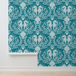Seepferde an der Küste Damask Aquamarin Blue Tapete