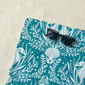 Seepferde Aquamarin Blue White Damask Personalisie Strandtuch (Beispiel)
