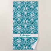 Seepferde Aquamarin Blue White Damask Personalisie Strandtuch (Vorderseite)