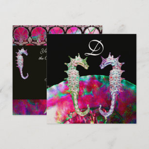 SEEPFERDE BEACH WEDD MONOGRAM, rosa blaues Schwarz Einladung