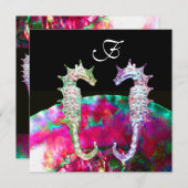 SEEPFERDE BEACH WEDD MONOGRAM, rosa blaues Schwarz Einladung (Vorne/Hinten)