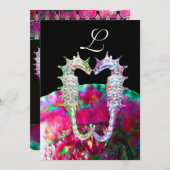 SEEPFERDE BEACH WEDD MONOGRAM, rosa blaues Schwarz Einladung (Vorne/Hinten)