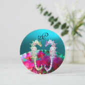 SEEPFERDE BEACH WEDD MONOGRAM, rosa blaues Schwarz Einladung (Stehend Vorderseite)